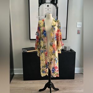 BRAND NEW! Sheer Floral Knit Kimono, Nude Background w/ Yellow, Coral, and Blue